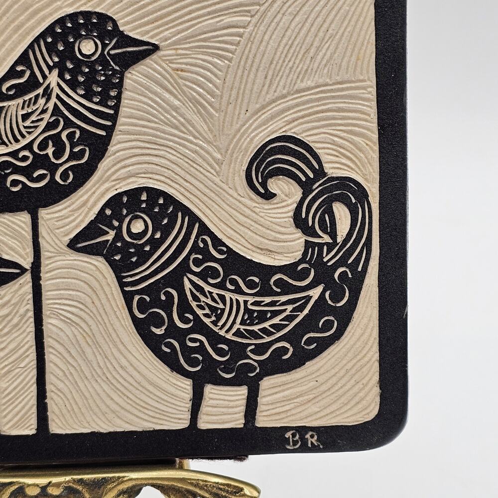Folk Art Bird Tile Signed Black White Swirl Design 6.25x4.5 Framed Primitive - Picture 4 of 6